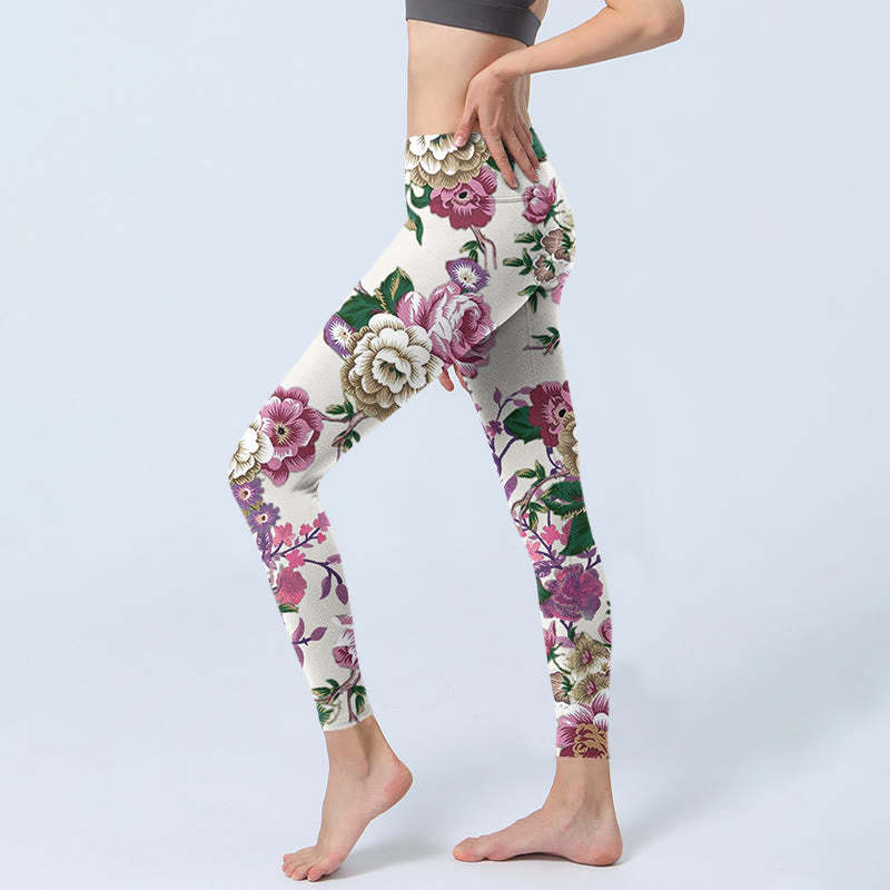 Red White Peony Flower Print Sports Leggings Women's Yoga Pants
