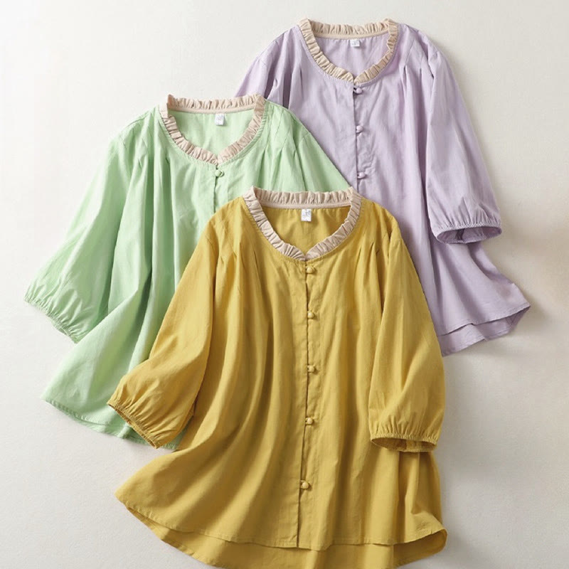 Casual Plain Frog-Button Women's Ruffle Collar Design Half Sleeve Cotton Linen Shirt