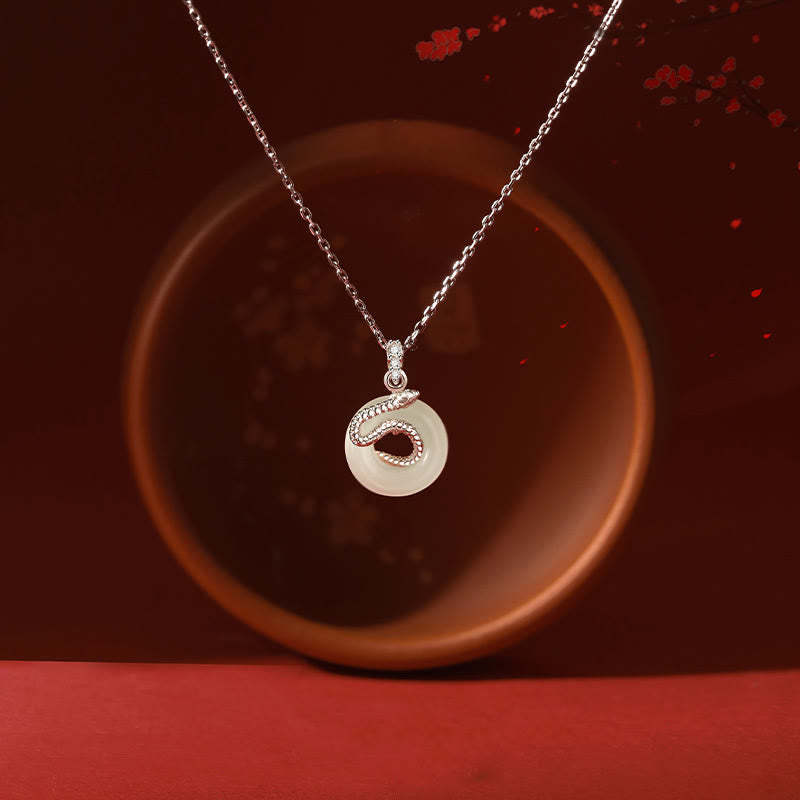 Natural Hetian Jade Peace Buckle 925 Sterling Silver Year Of The Snake Luck Necklace Pendant
