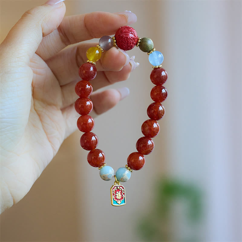 Natural Red Agate Peace Talisman Fu Character Dragon Tail Confidence Charm Bracelet