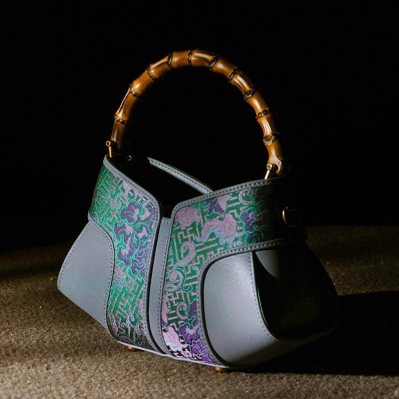 Retro Peony Branches Bamboo Handle Song Brocade Xiangyunsha Silk Crossbody Bag Hangbags