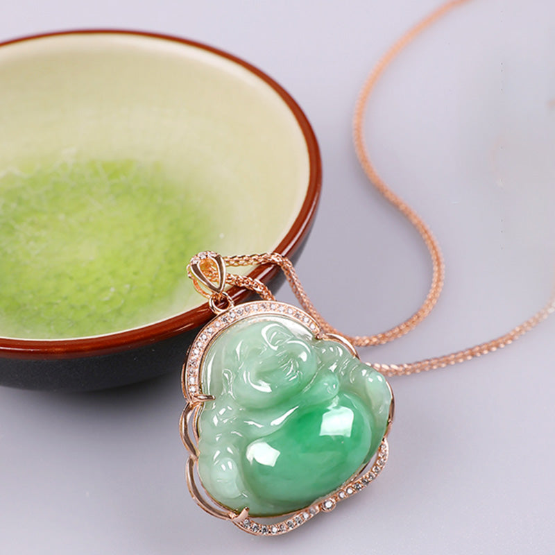 925 Sterling Silver Laughing mystic zen Natural Jade Prosperity Necklace Chain Pendant