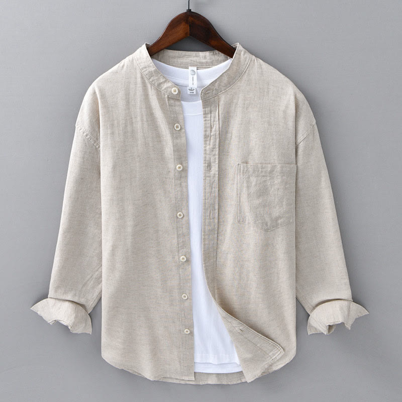 Men's Long Sleeve Stand Collar With Pocket Pure Color Casual Cotton Linen Shirt