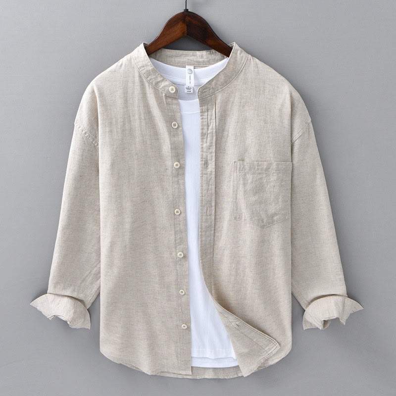 Men's Long Sleeve Stand Collar With Pocket Pure Color Casual Cotton Linen Shirt