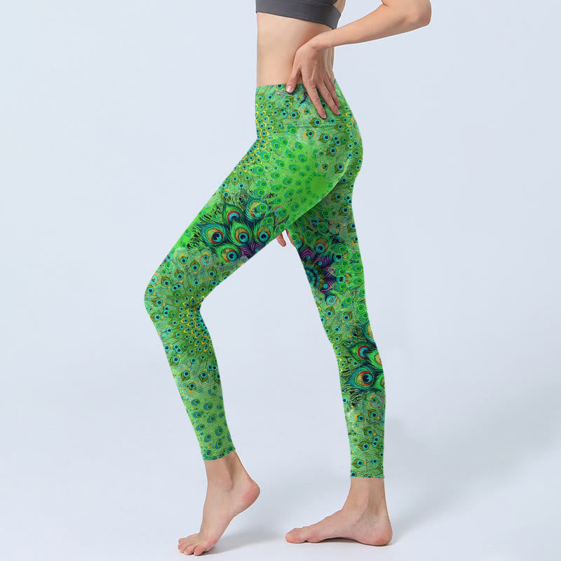 Green Peacock Tail Feathers Print Gym Leggings Women's Yoga Pants