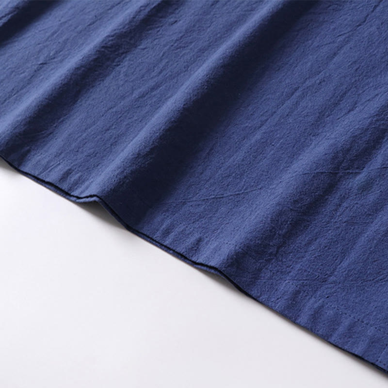 Solid Color Short Sleeve One Frog Button Cotton Linen Men's Shirt