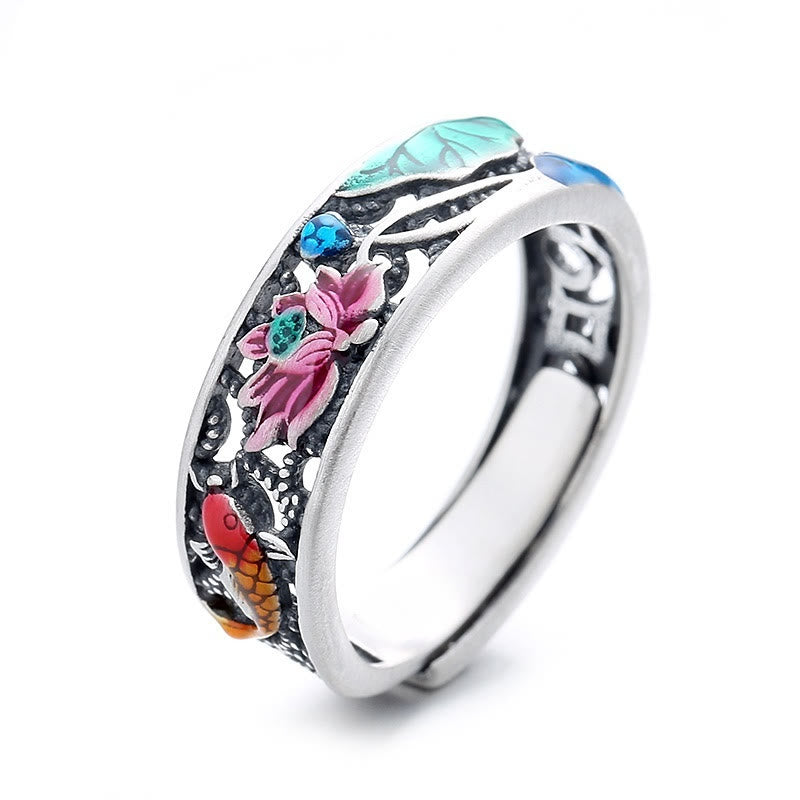 925 Sterling Silver Koi Fish Lotus Luck Everything Goes Well Ring