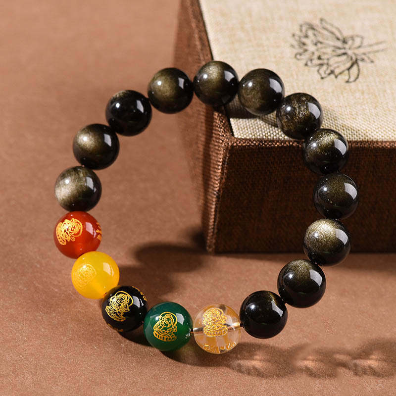 Gold Sheen Obsidian Rainbow Obsidian Black Obsidian Five Directions Gods of Wealth Bracelet