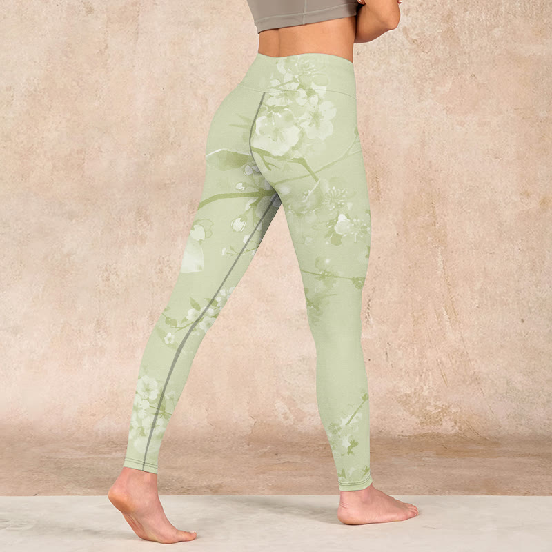 White Plum Blossoms Print Gym Leggings Women's Yoga Pants