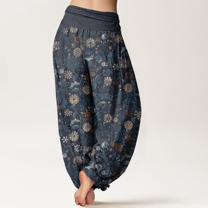 Casual New York Aster Flowers Leaves Design Women's Elastic Waist Harem Pants