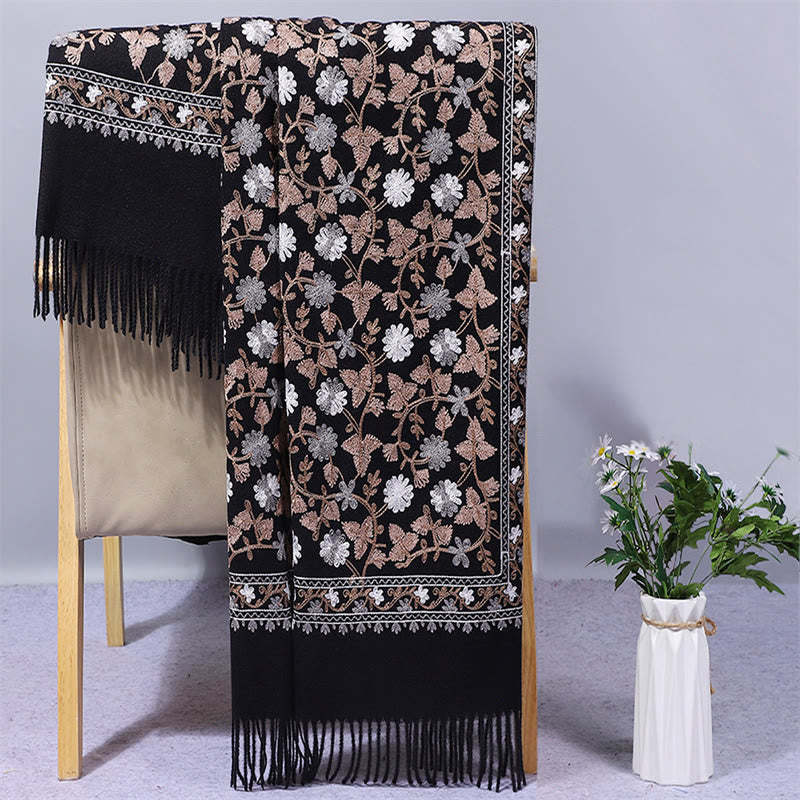 Polyester Shawl Cashew Flowers Embroidery Tassel Winter Cozy Travel Scarf Wrap
