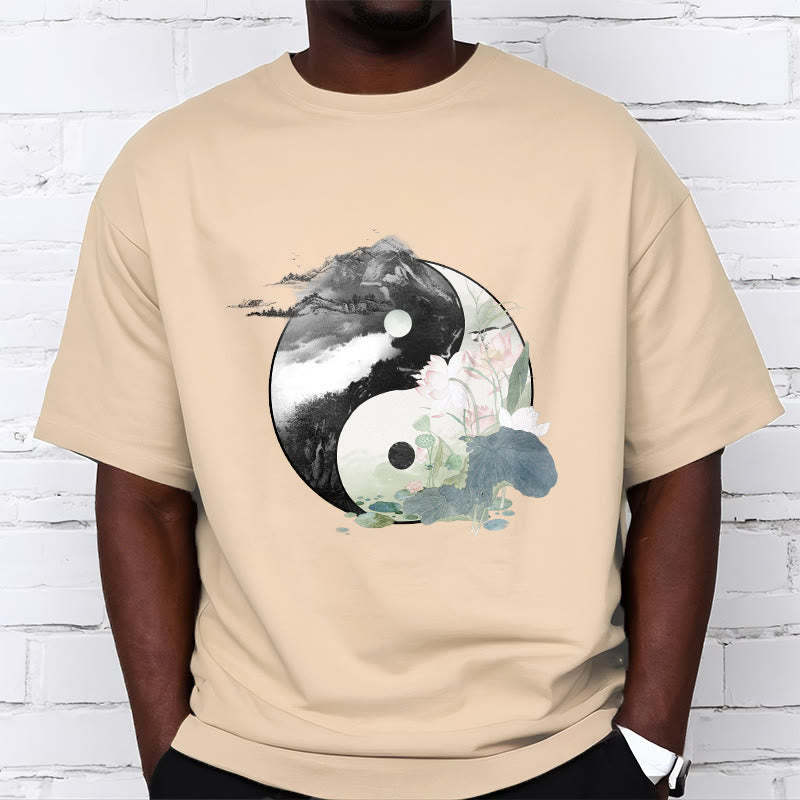 Yin Yang Lotus Leaf Ink Painting Cotton Tee T-shirt
