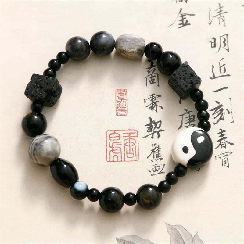 Black Onyx Picasso Jasper Bead Yin Yang Fortune Protection Bracelet