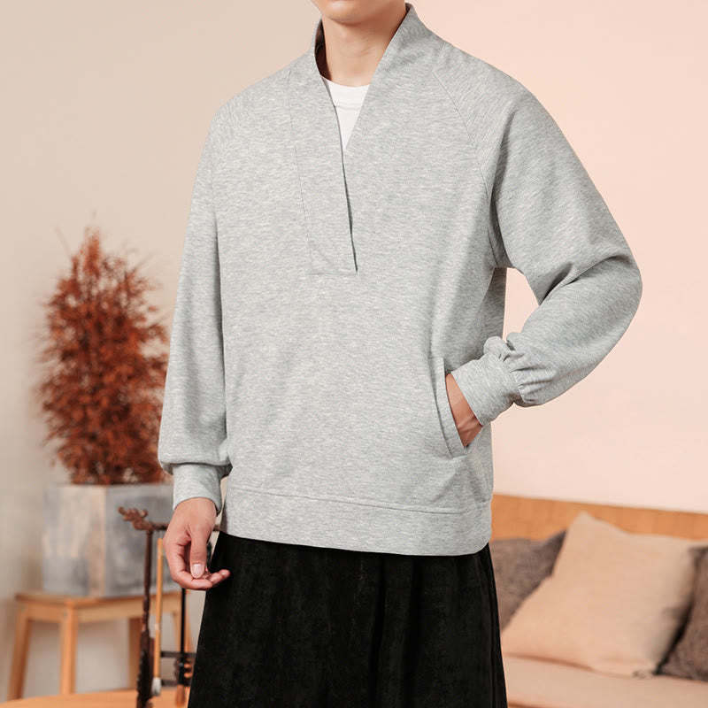Fall Simple V-Neck Men's Sweatshirt Cotton Pullover With Pockets