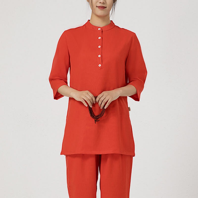 2Pcs Solid Color Three Quarter Shirt Top Pants Meditation Zen Tai Chi Cotton Linen Clothing Women's Set