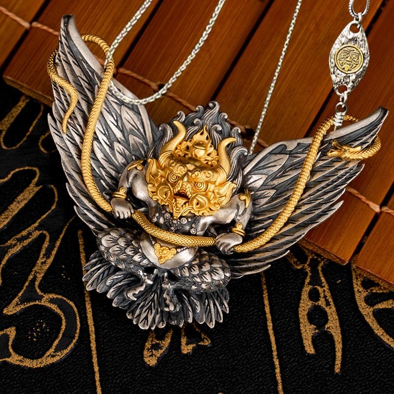 925 Sterling Silver Tibetan Garuda Bird Dragon Snake Wisdom Necklace Pendant