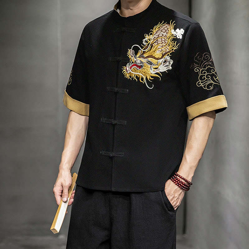 Frog-Button Chinese Dragon Auspicious Cloud Embroidery Half Sleeve Shirt Cotton Linen Men Clothing