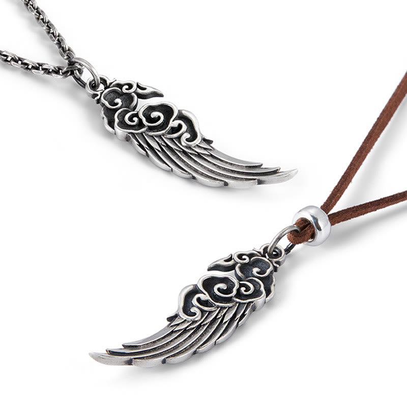 925 Sterling Silver Auspicious Clouds Wing Cotton Rope?Deerskin Rope Necklace Pendant