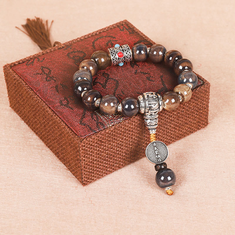 Tibet Om Mani Padme Hum Prayer Wheel Dorje Vajra Engraved Glass Bead Wisdom Bracelet