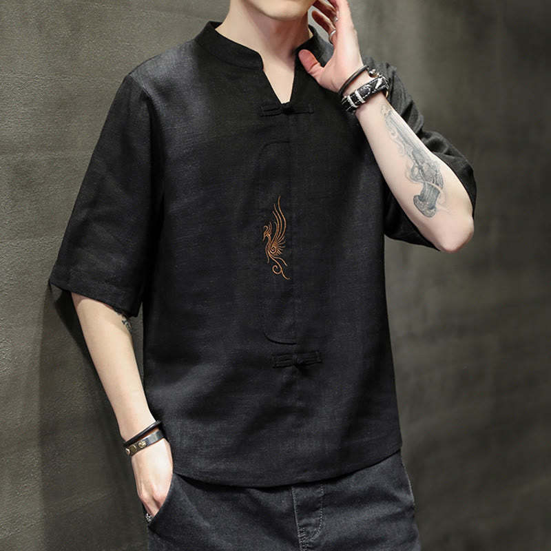 Frog-Button Phoenix Embroidery Chinese Tang Suit Short Sleeve Shirt Cotton Linen Men Clothing