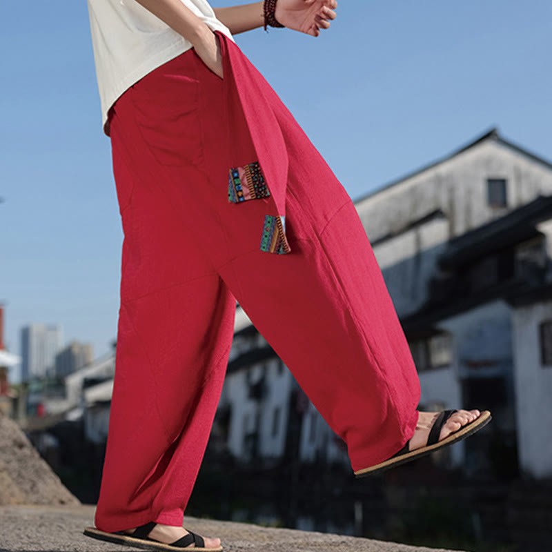 Simple Patchwork Design Drawstring Cotton Men's Wide Leg Pants With Pockets