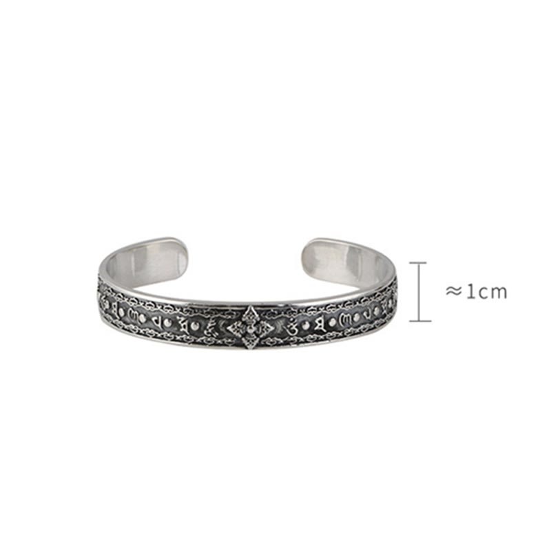 925 Sterling Silver Om Mani Padme Hum Double Dorje Engraved Wisdom Cuff Bracelet Bangle