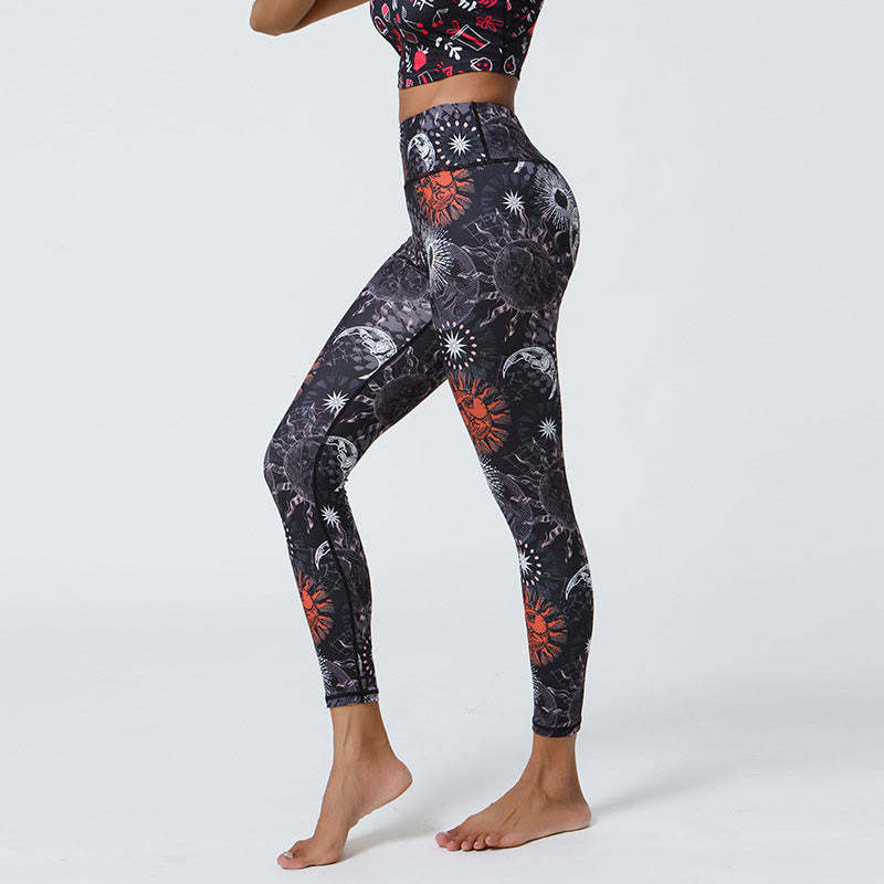 Flowers Feathers Sun Moon Print Sports Fitness Yoga High Waist Leggings Women's Pants