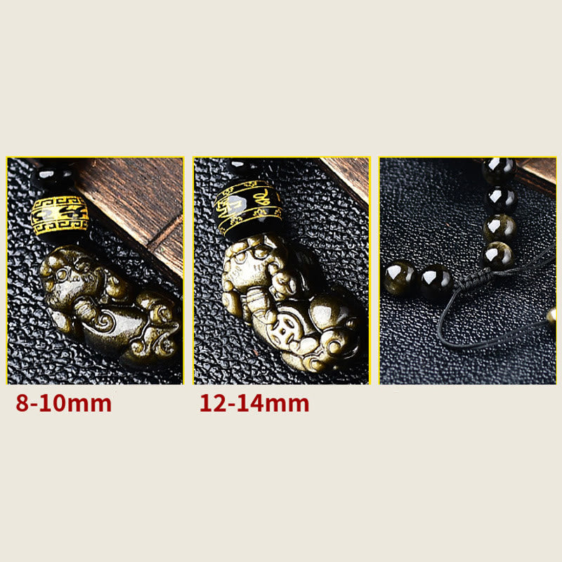 Natural Gold Sheen Obsidian PiXiu Om Mani Padme Hum Wealth Braided Bracelet