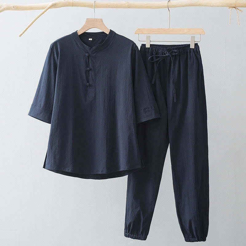 Frog-Button Three Quarter Sleeve Shirt Pants Men's Suit