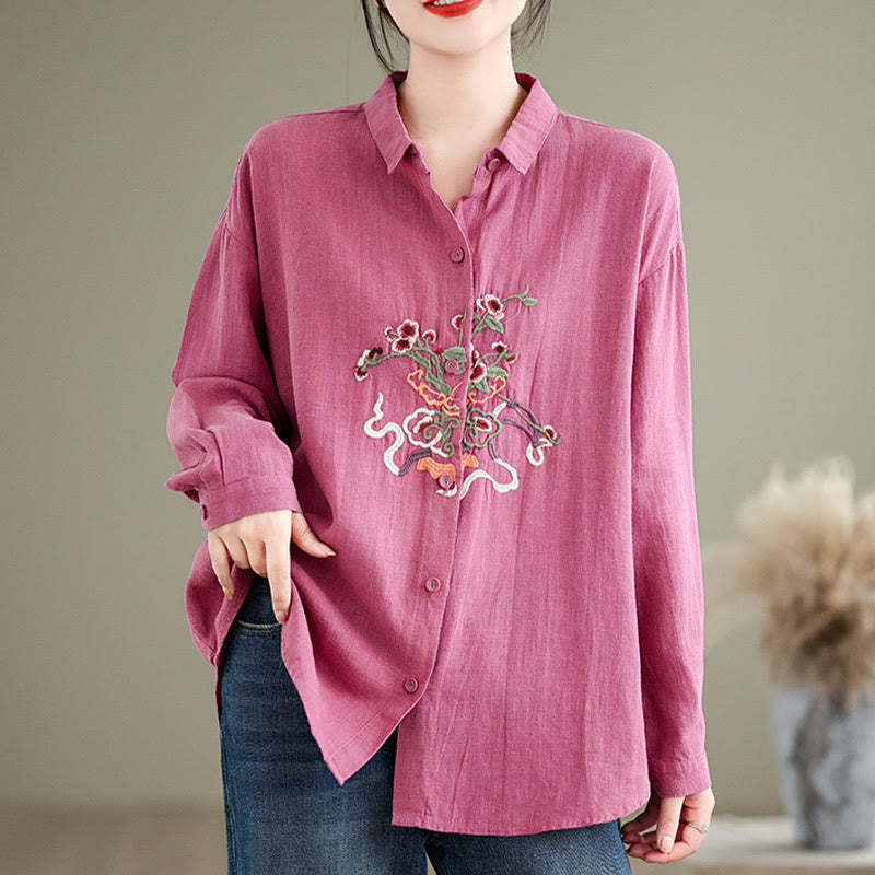 Flower Embroidery Long Sleeve Cotton Linen Women's Shirts