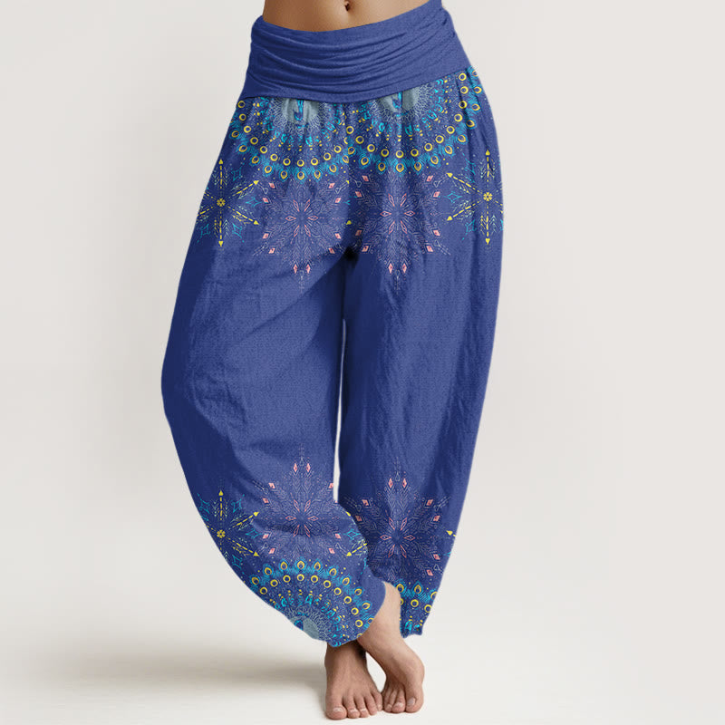 Peacocks Colorful Feathers Geometric Pattern Design Women's Elastic Waist Harem Pants