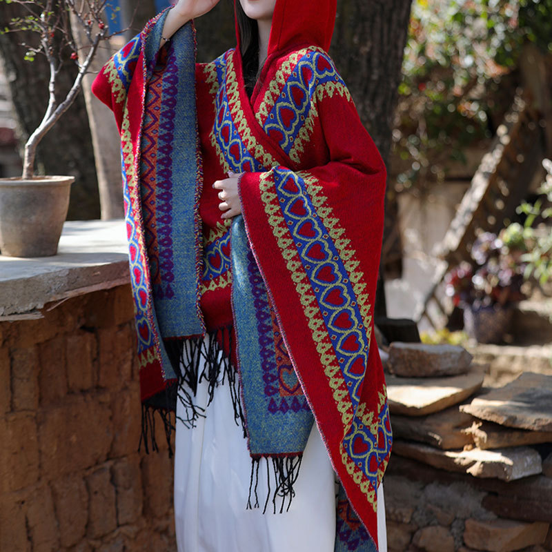 Tibetan Shawl Red Love Heart Tassel Hooded Cloak Winter Cozy Travel Scarf Wrap