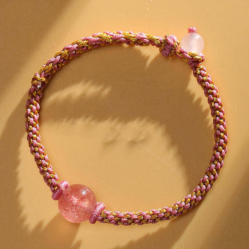 Handmade Red Agate Amethyst Golden Rutilated Quartz Pink Crystal Bead Calm Braided Bracelet