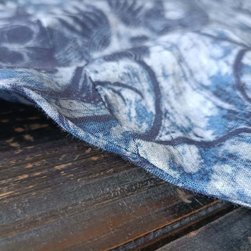 Retro Blue White Flowers Frog-Button Design Long Sleeve Ramie Linen Jacket Shirt