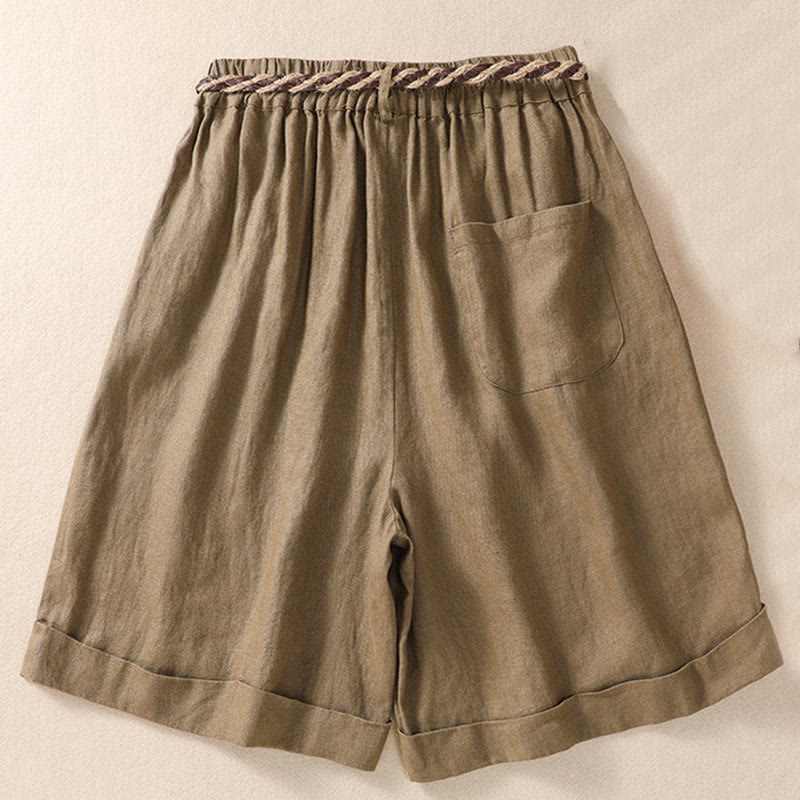 Casual Solid Color Turn Up Cuff Belt Cotton Linen Women's Shorts With Pockets