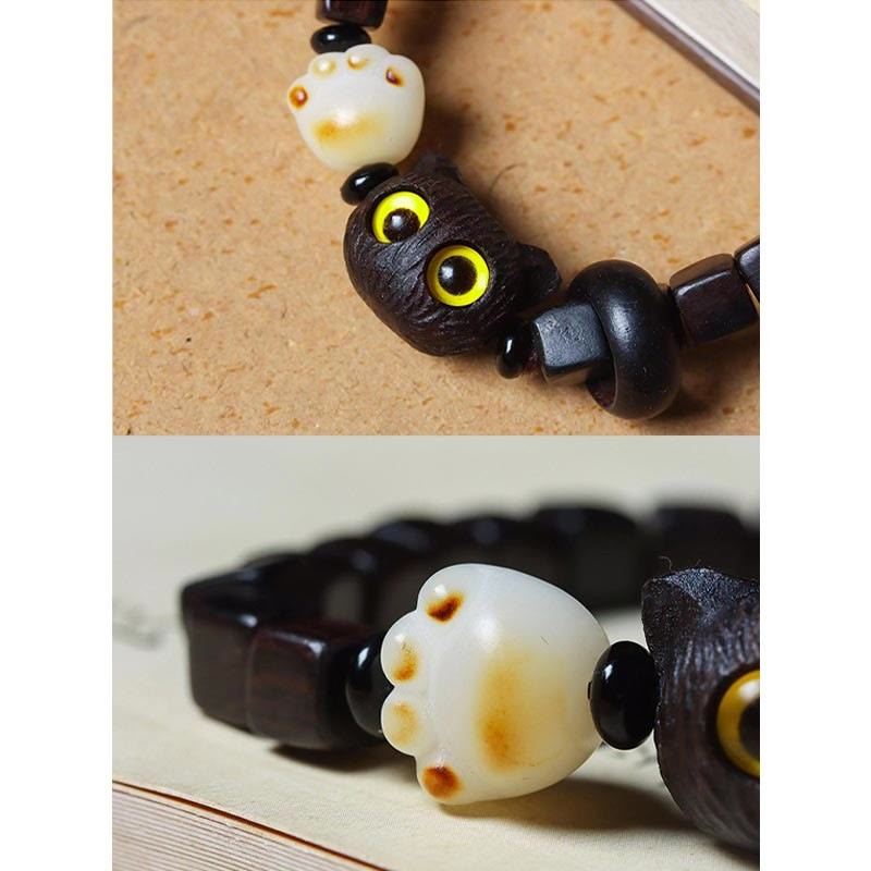 Ebony Wood Cute Cat Bodhi Seed Paw Claw Square Beads Calm Bracelet