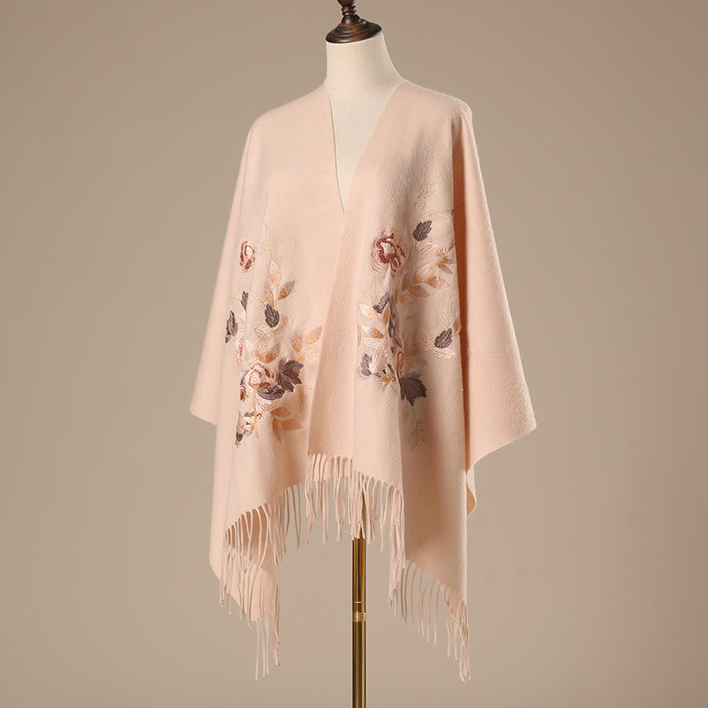 Wool Shawl White Pink Flowers Golden Leaves Embroidery Tassel Winter Cozy Travel Scarf Wrap