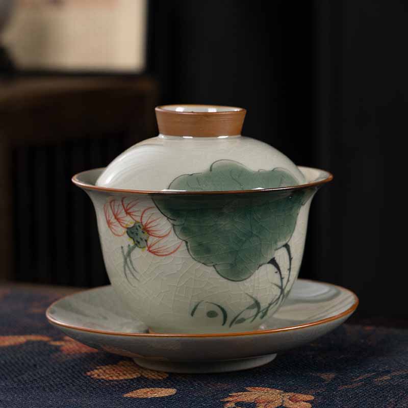 Lotus Koi Fish Pod Leaf Ceramic Gaiwan Sancai Teacup Kung Fu Tea Cup And Saucer With Lid 140ml