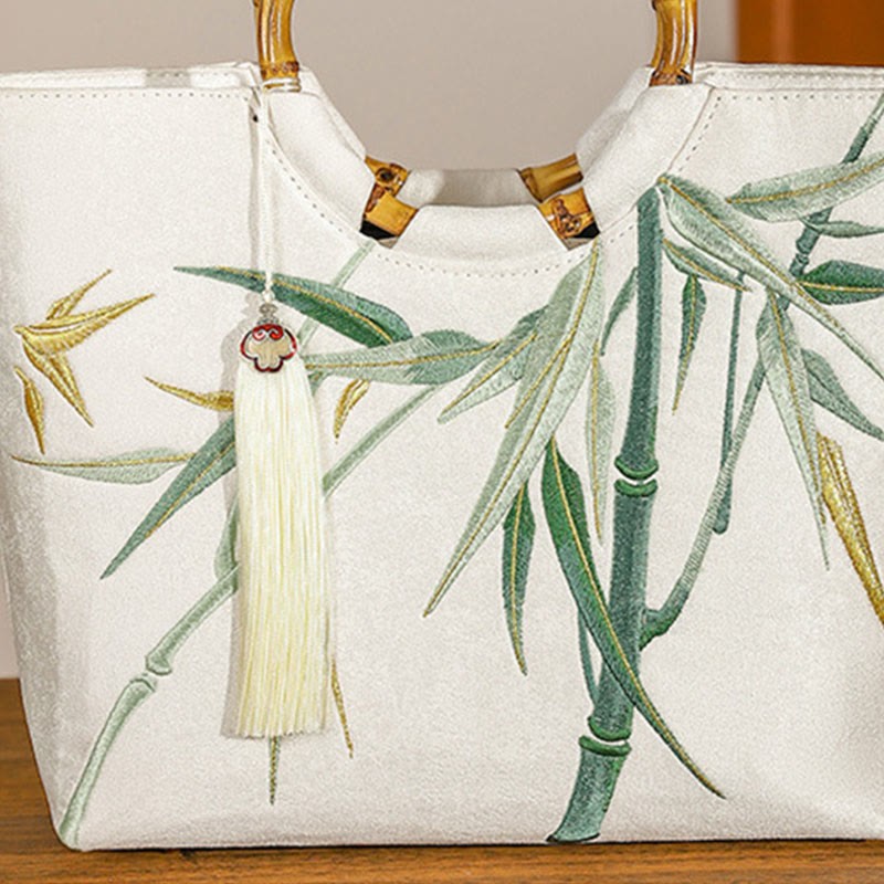 Embroidery Bamboo Handle Tassel Handbags