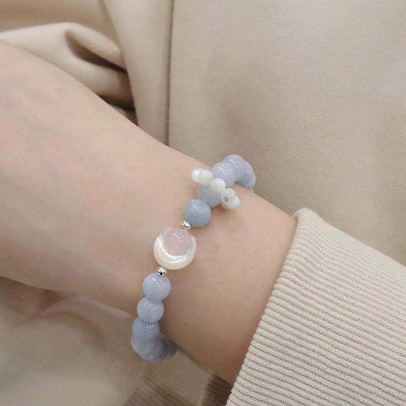 925 Sterling Silver Natural Amethyst Aquamarine Pink Crystal Cat's Eye Healing Crescent Moon Bracelet