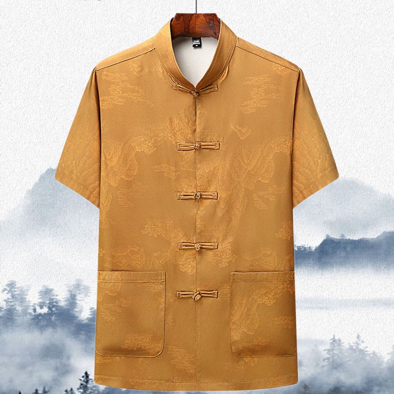Mountains Trees Tang Suit Hanfu Traditional Uniform Short Sleeve Top Pants Clothing Men's Set