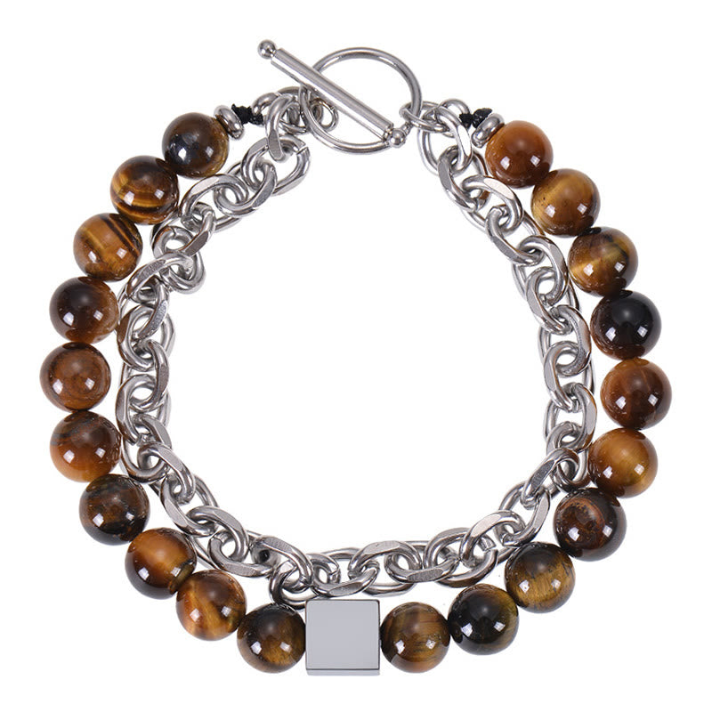 Colorful Tiger Eye Frosted Stone Black Magnetite Titanium Steel Double Wrap Protection Bracelet