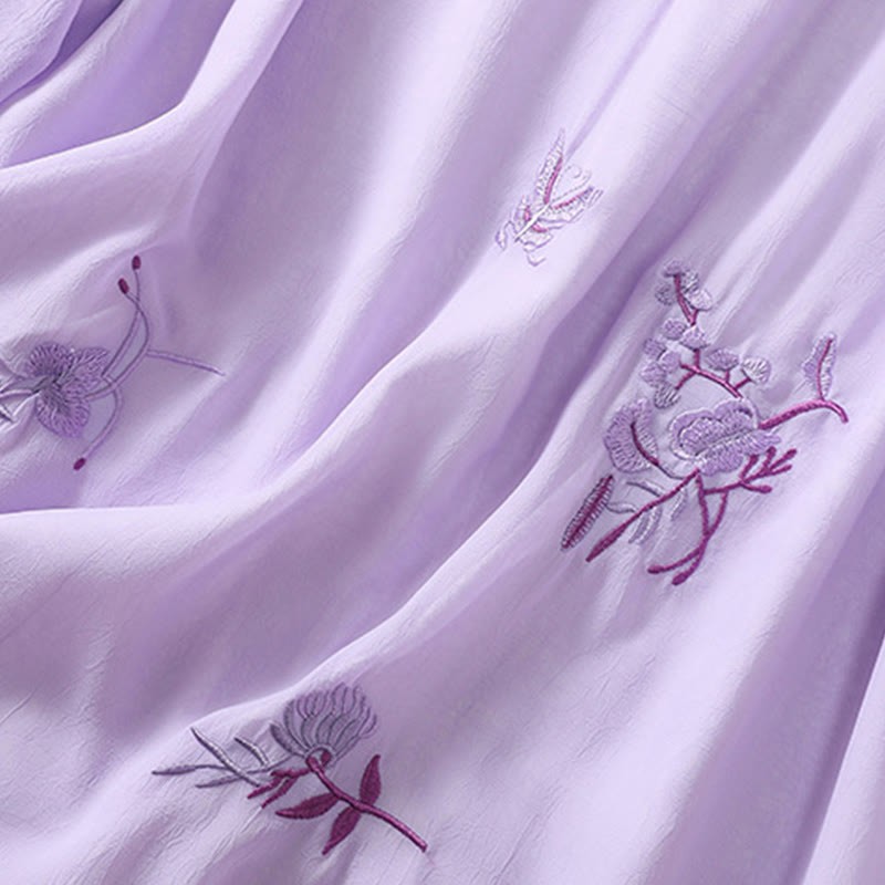 Embroidery Plants Flower Half Sleeve Plain Frog-Button Stand Collar Women's Shirt