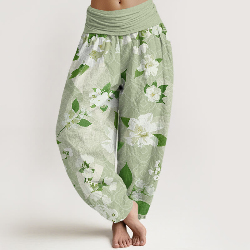 Casual White Magnolia Flowers Leaves Women's Elastic Waist Harem Pants