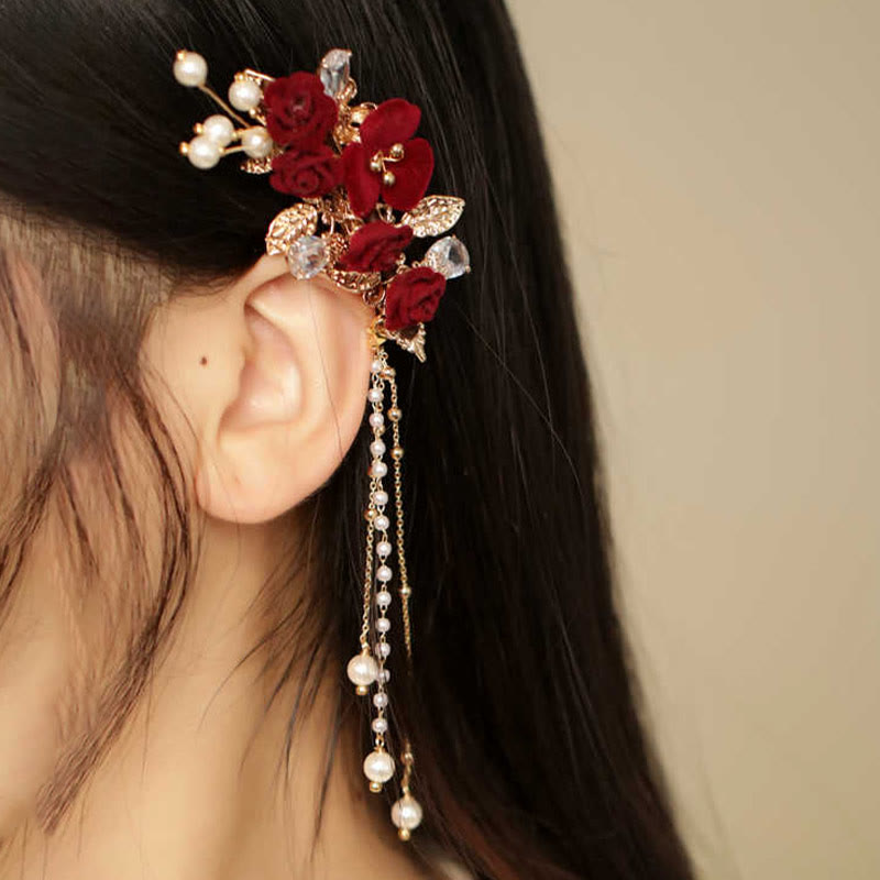 Retro Chinese Style Red Camellia Flower Tassel Side Hair Clip