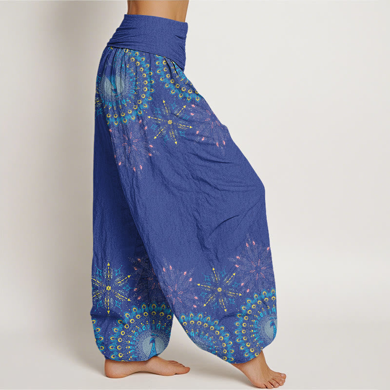 Peacocks Colorful Feathers Geometric Pattern Design Women's Elastic Waist Harem Pants