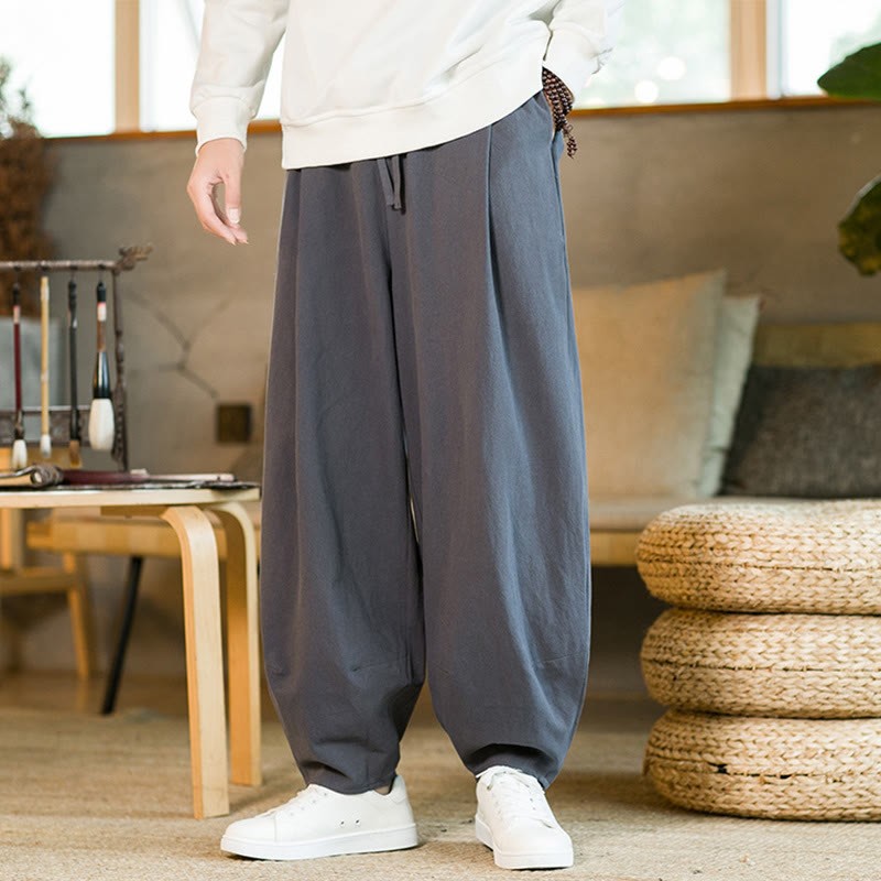 Solid Color Cotton Linen Drawstring Men's Harem Pants With Pockets