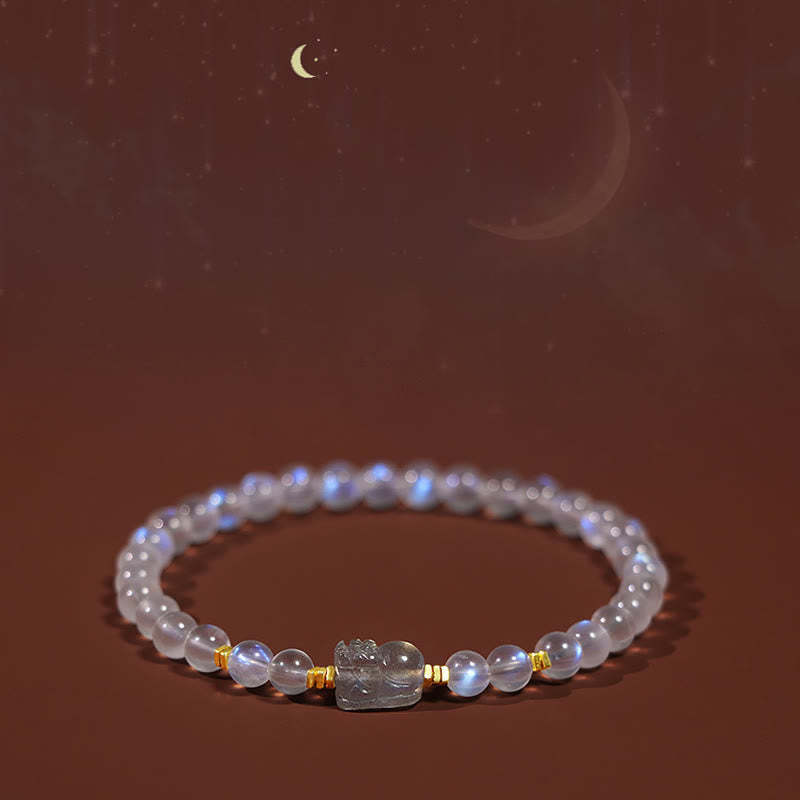 925 Sterling Silver Plated Gold Natural Moonstone PiXiu Healing Bracelet