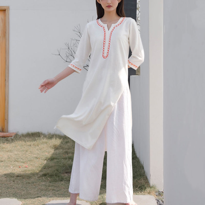 2Pcs V-neck Embroidery Yoga Clothing Zen Meditation Cotton Linen Top Pants Women's Set