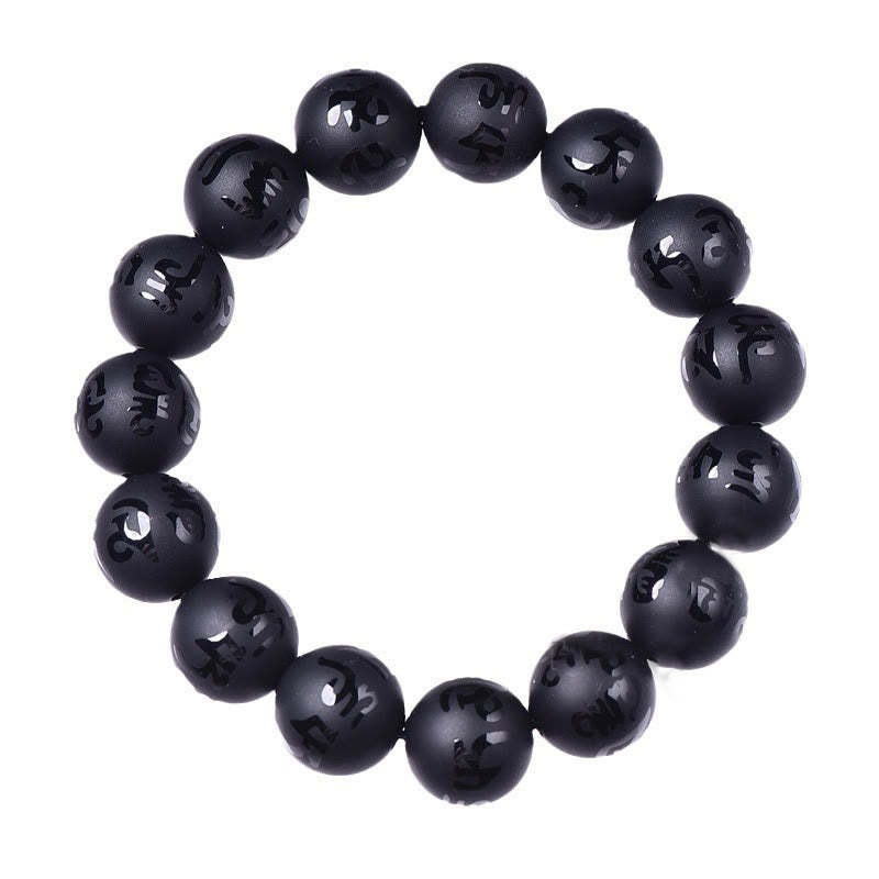 Natural Black Onyx Om Mani Padme Hum Carved Protection Bracelet